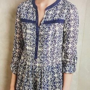 Maeve Navy and Cream Patterned Blouse